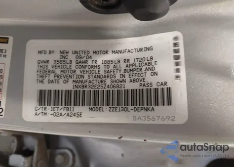 2005 Toyota Corolla Le from USA, damaged, VIN 1NXBR32E25Z406821